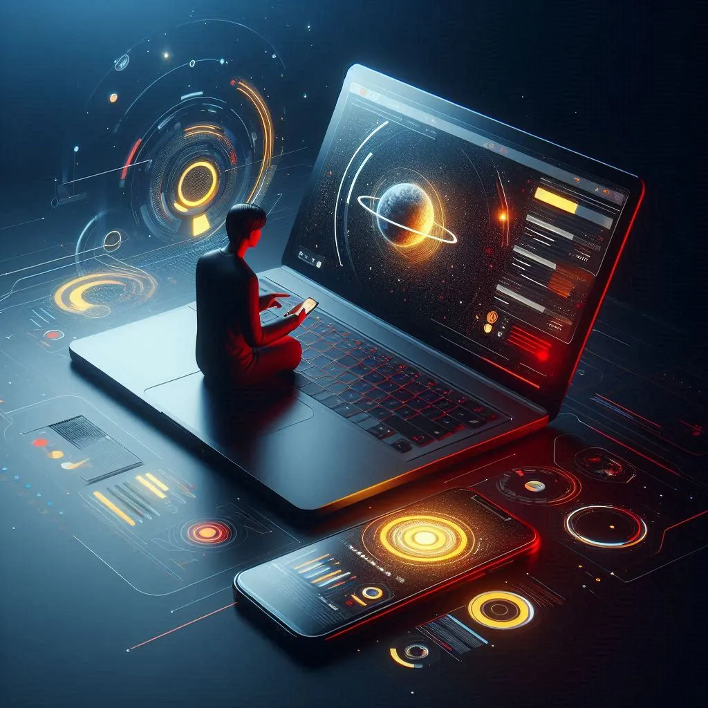 Personne sur son ordinateur avec le même contenu sur son smartphone