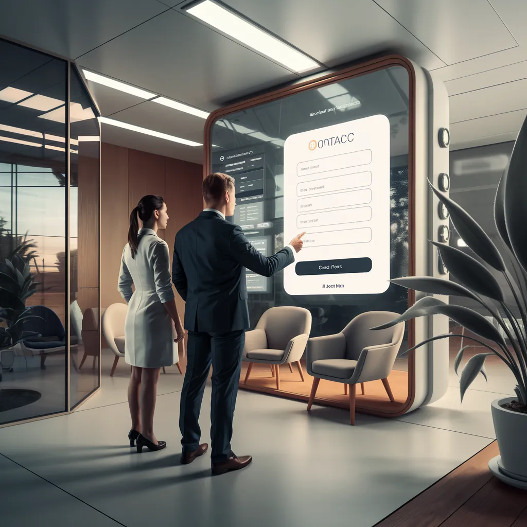 Deux personnes devant un écran géant sur lequel se trouve un formulaire de contact