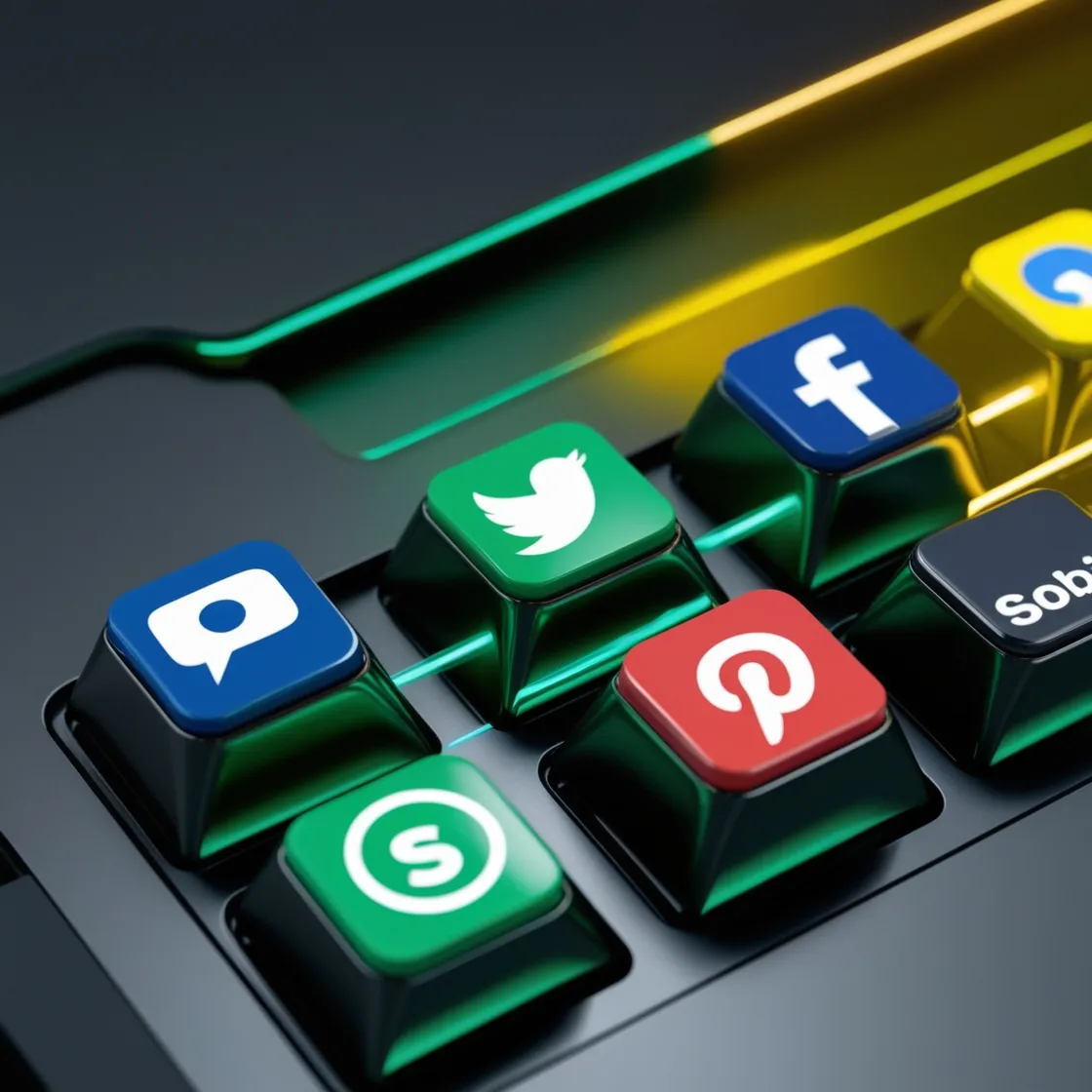 Touches d'un clavier d'ordinateur proposant des raccourcis vers différents réseaux sociaux