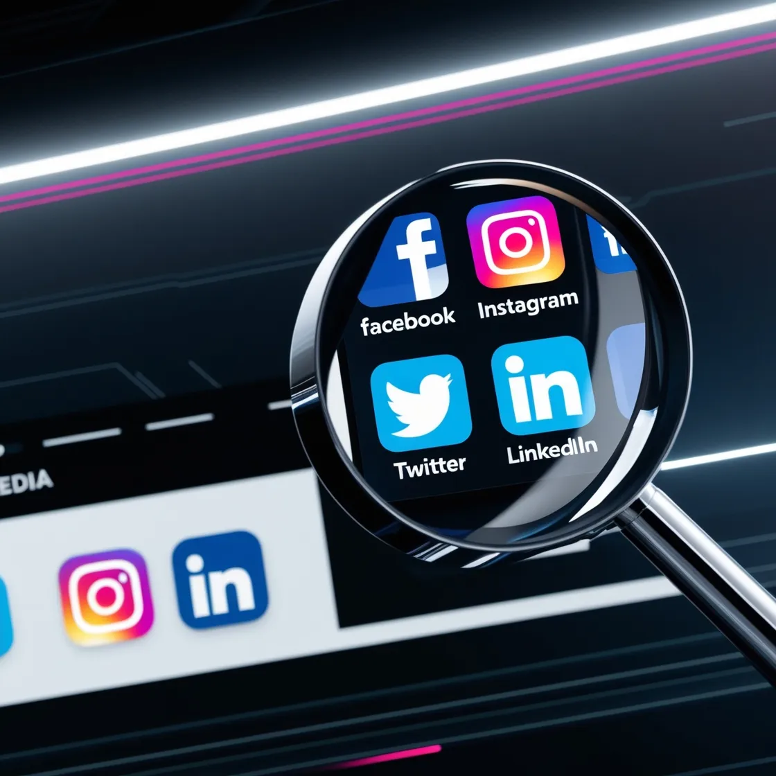 Icones de différents réseaux sociaux à la loupe