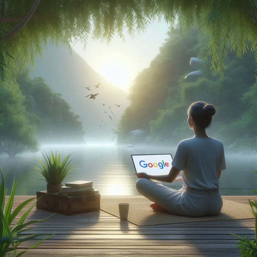 Femme sur Google en pleine nature