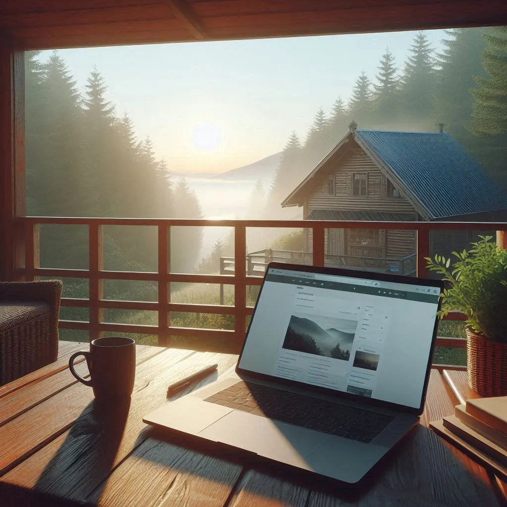 Ordinateur sur la table de la terrasse d&#x27;un chalet