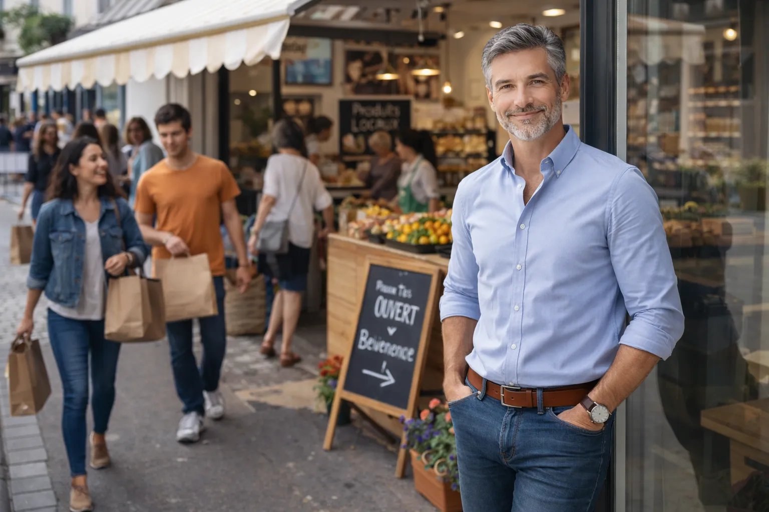 Personne sereine devant son magasin ayant de nombreux clients