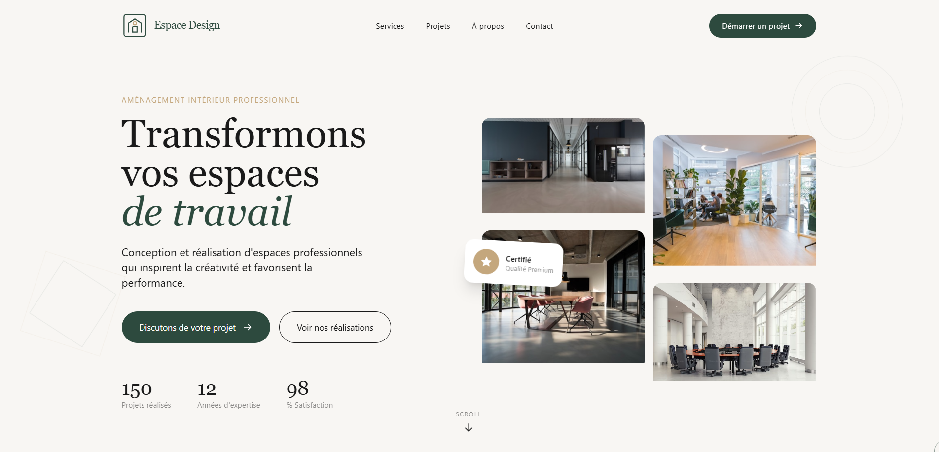 Capture d'écran du site de l'entreprise d'aménagement d'espaces professionnels