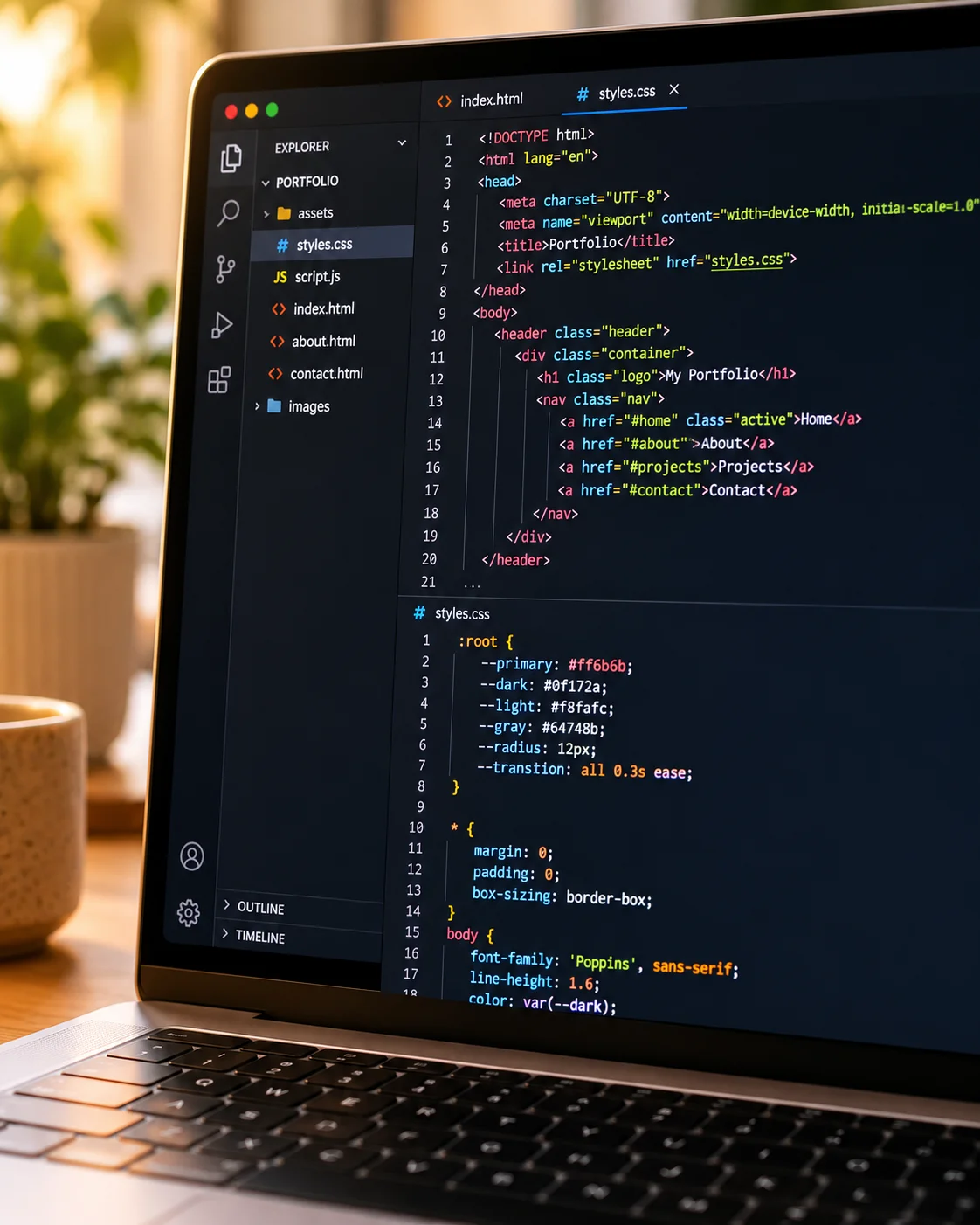 Éditeur de code ouvert sur un projet HTML/CSS, bureau chaleureux