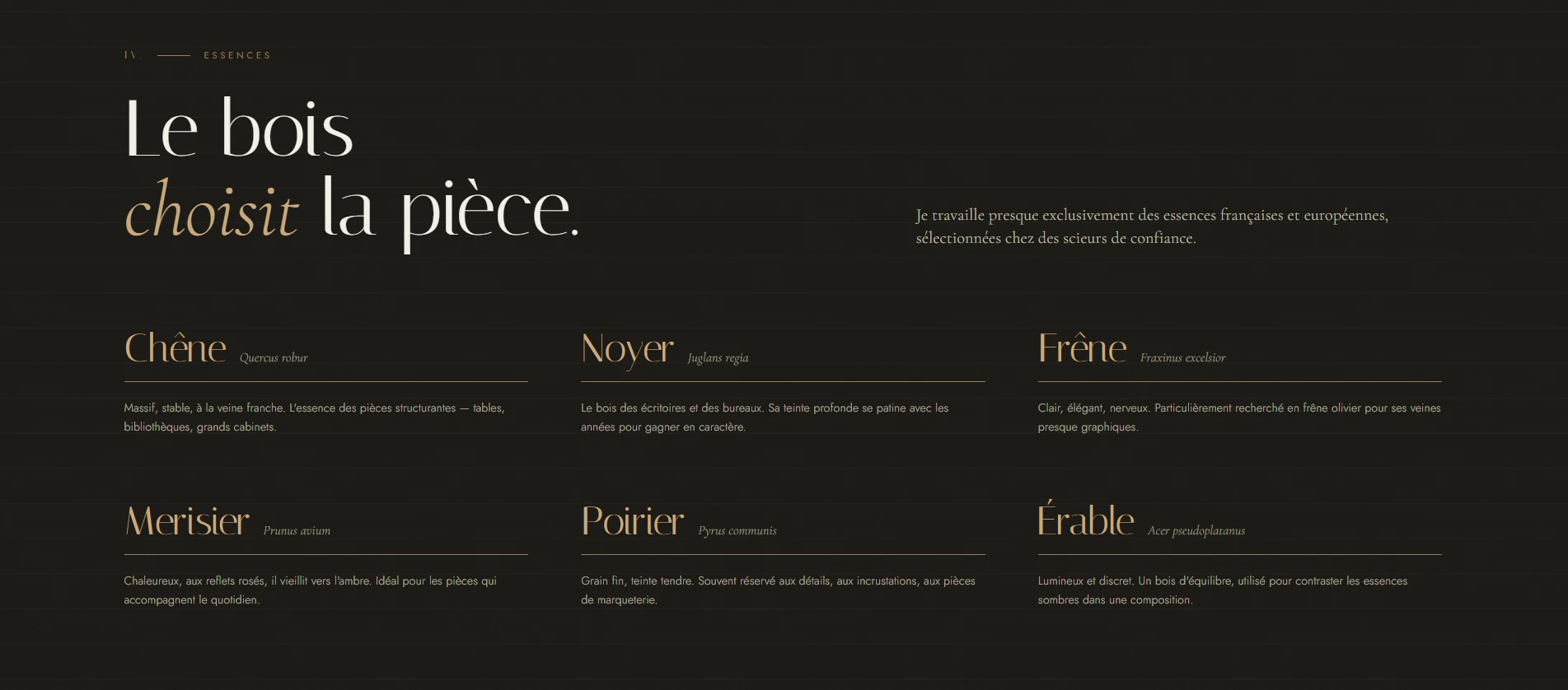 Section essences sur fond sombre